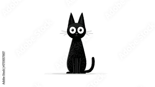 Cute cartoon black cat illustration with big wide eyes sitting upright on a white background. Simple and humorous hand-drawn pet character.