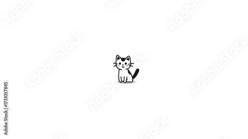 Cute sitting cartoon cat illustration, minimalist black and white pet animal graphic design icon isolated on white