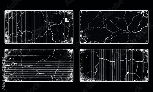 Four grungy textured rectangles with white overlays abstract grunge frames distressed borders artistic background elements