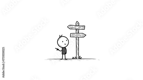 Hand-drawn stick figure at a wooden directional signpost, contemplating choices and the future path; illustrating decision, dilemma, and direction.