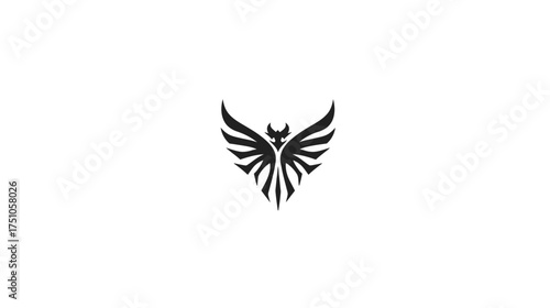 Abstract flying winged bird emblem, minimalist black and white graphic design icon, powerful phoenix or eagle symbol, modern geometric logo concept.