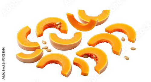 Butternut Squash Slices Freshly Cut Pieces with Seeds, Isolated on White Background