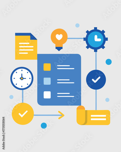 Creative project management workflow icons and elements representing tasks and progress
