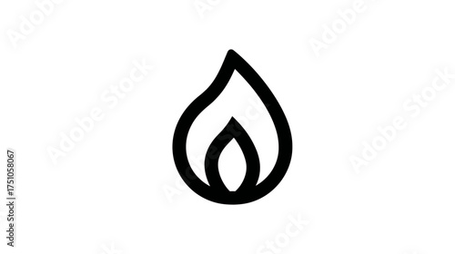 Minimalist black outline flame icon representing fire, heat, energy, and warmth. Simple vector graphic symbol for hot or gas concept.