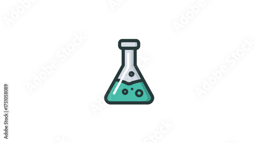 Minimalist chemical Erlenmeyer flask icon with bubbling green liquid, science laboratory experiment vector illustration