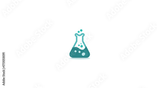 Minimalist teal conical flask icon with bubbling liquid. Science, chemistry experiment, laboratory research and education symbol.