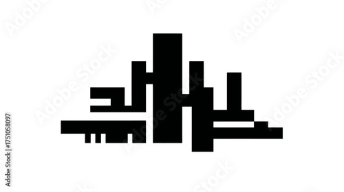 Abstract geometric city skyline black and white graphic design element. Modern architectural digital vector art, urban building silhouette.