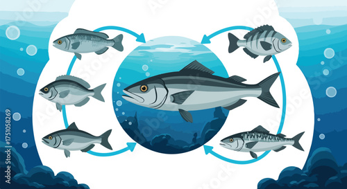 Aquatic Ecosystem Illustration of Fish Species Circulation in the Ocean Environment Depicted in a Stylized Way for Informational Purposes