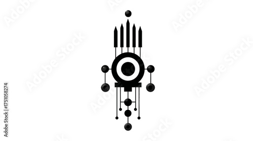 Minimalist abstract geometric symbol in black and white. Modern design element with stylized vertical shapes, circles, and spheres.