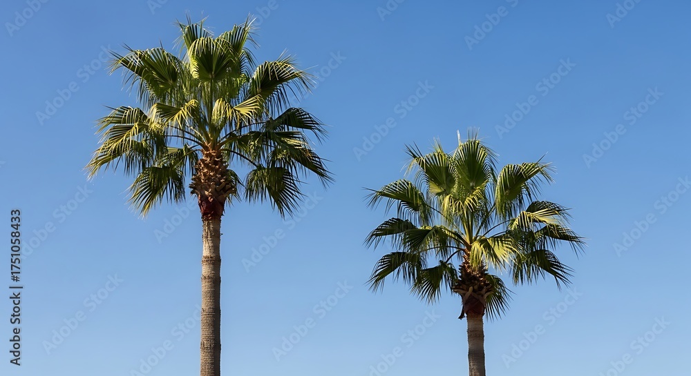 Obraz premium Palm trees against a clear blue sky in summer.