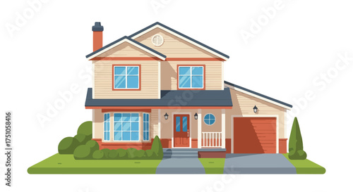 Charming two-story house with a garage, front yard, and a cozy homey feel illustrated in a vector style graphic design