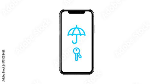 Smartphone screen showing digital security icons: umbrella for protection, key for secure access. Mobile data privacy, online safety concept.