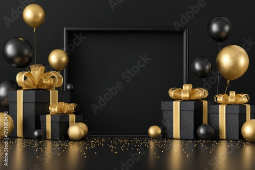 Wallpaper Mural A 3D render of black and gold gift boxes with balloons and confetti on a black background, perfect for Black Friday sales promotions. Torontodigital.ca