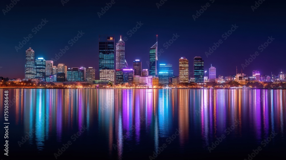 Fototapeta premium Vibrant City Skyline Reflection at Night with Colorful Lights and Calm Water Surface in Urban Landscape, Perth Australia
