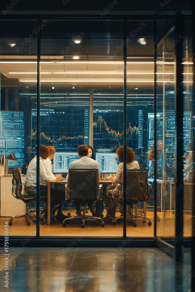 custom made wallpaper toronto digitalTeam gathers in a modern office for a strategy meeting with data screens in the background during evening hours