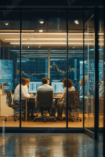 Wallpaper Mural Team gathers in a modern office for a strategy meeting with data screens in the background during evening hours Torontodigital.ca