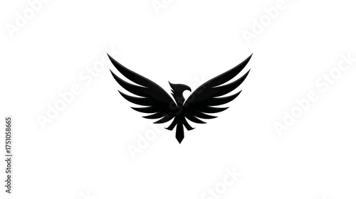 Stylized Black Bird Silhouette with Open Wings Flying. Powerful and Majestic Abstract Animal Symbol, Logo Element, Icon Design.