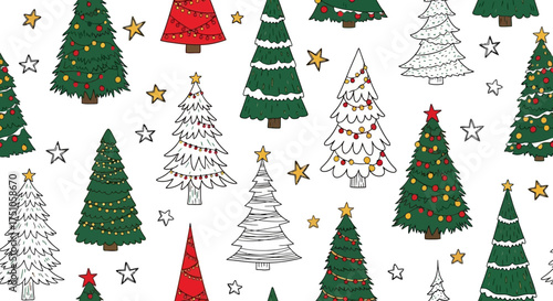 A festive and whimsical illustration of various decorated Christmas trees scattered across a white background with small golden stars.