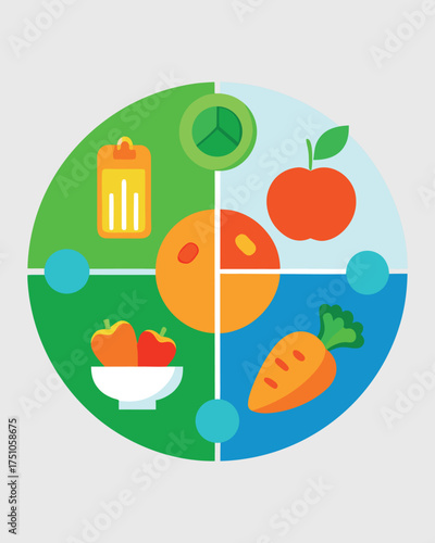 Healthy diet plate visualizes balanced nutrition with fruits vegetables grains and protein