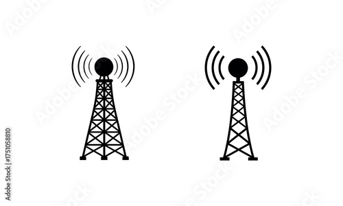 Two distinct telecommunication towers broadcasting radio waves signals symbolizing wireless communication network technology innovation