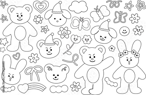 Cute outlines of puppy, bunny, teddy bear, butterfly, flowers, stars, rainbow for kid colouring book, animal sketch, cartoon character, comic, zoo, pet shop, vet, happy easter, floral print, tattoo
