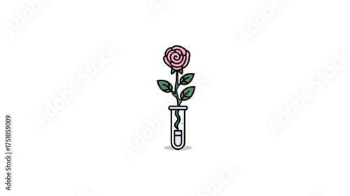 Stylized pink rose flower growing in a clear glass test tube, conceptual vector illustration for science, nature, and botanical research.