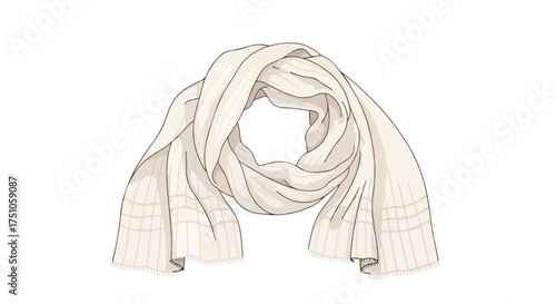 Illustration of a Cream-Colored Scarf with Fringes and Delicate Line Work on a White Background creates a stylish and cozy impression