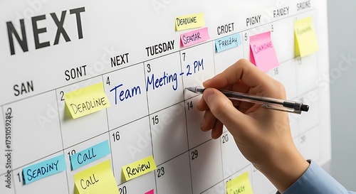 Close up of a hand writing on a large whiteboard calendar with sticky notes and tasks