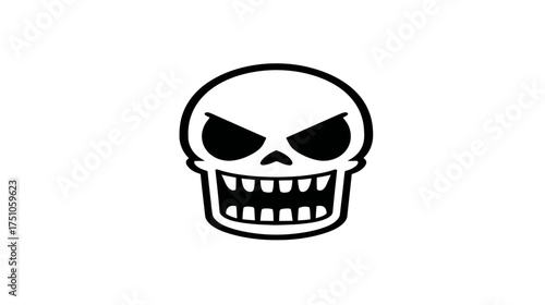 Black and white cartoon skull icon, stylized vector illustration with angry eyes and a wide toothy grin on a white background