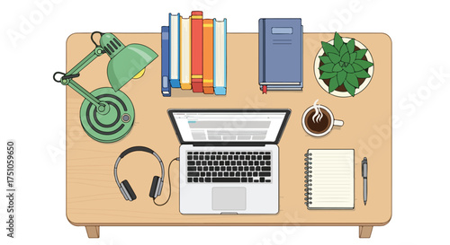 Creative Workspace Illustration: Top-Down View of Desk with Laptop, Books, Lamp, and Coffee for Home Office or Study Ambience