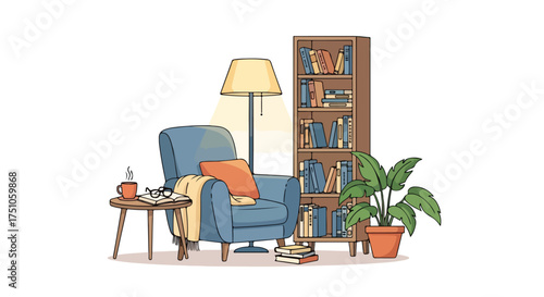 Serene Reading Nook Illustration with Armchair, Bookshelf and Potted Plant Depicting Comfort and Intellectual Pursuits