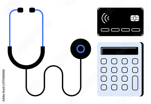 Stethoscope alongside credit card and calculator highlighting healthcare payment, affordability, and billing concepts. Ideal for finance, health, technology, budget, insurance, and digital tools