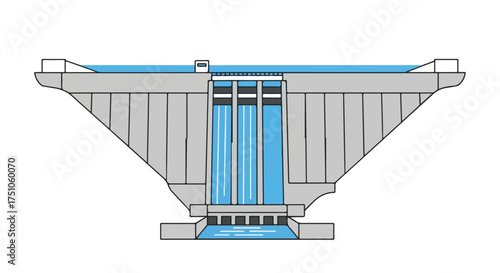 Hydroelectric dam illustration showcasing sustainable energy with its massive architecture and the controlled flow of water resource representing