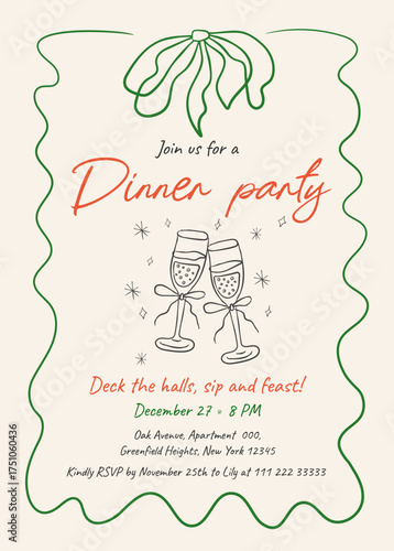 Hand-drawn Christmas invitation template for cocktail parties. Perfect for Jingle and Mingle events. Charming, coquette style with festive motifs