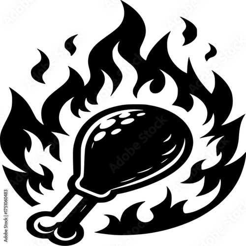 Smoked Chicken: A striking black and white illustration of a juicy chicken leg engulfed in flames. A perfect visual for barbecue enthusiasts. 