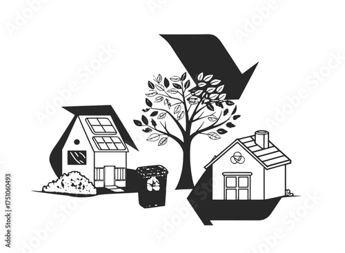 Sustainable living black and white line art illustration with recycling symbol, houses, tree, solar panels, and bin.