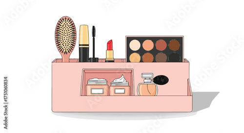 Stylized illustration showcasing a pink makeup organizer filled with various beauty products like lipstick and eyeshadow palettes