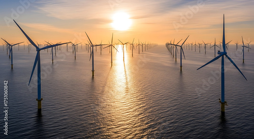 Panoramic aerial offshore wind turbines clean energy seascape photo