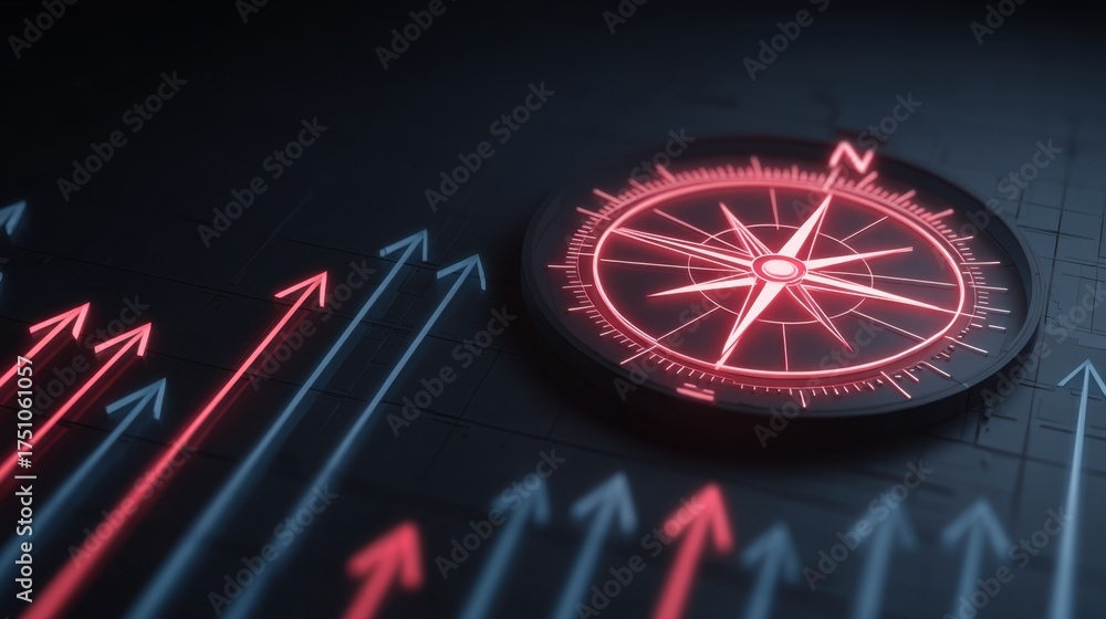 Fototapeta premium Modern compass on dark surface with luminous arrows illustrating direction and growth concepts in business and navigation settings
