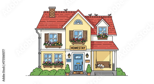 Charming illustrated homestay with vibrant floral boxes, birds perched on the roof, and a contented cat napping on the porch swing in idyllic