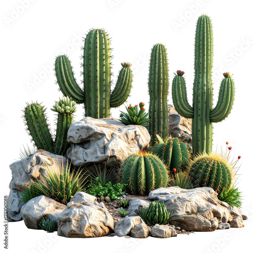 A cluster of various cacti and succulents nestled among light-colored rocks
