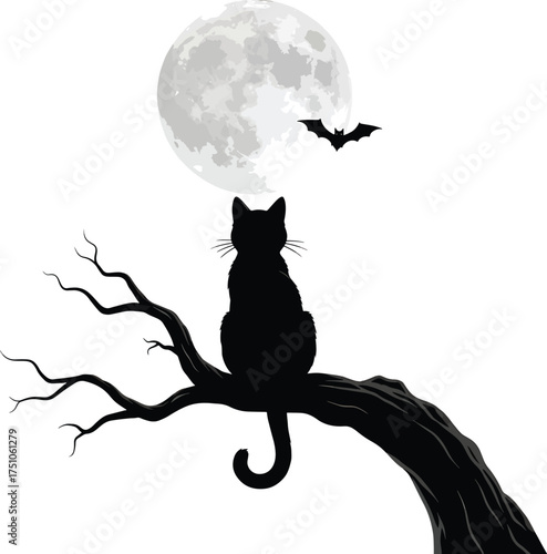 Halloween cat sitting on a tree on the moon at night