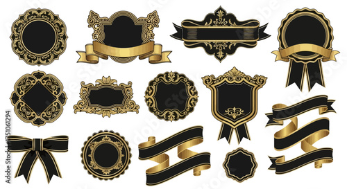 Collection of ornate black and gold vector label and banner designs.