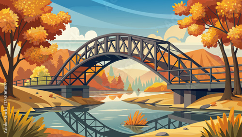 
Very beautiful traditional steel and wooden bridge spanning across a calm river surrounded by autumn trees in Laurel Maryland, USA.