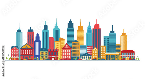Vibrant city skyline illustration, featuring colorful buildings and skyscrapers in a vector format, ideal for various design projects and artistic