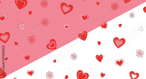 A seamless vector illustration of scattered stylized red hearts on a pink background, white background