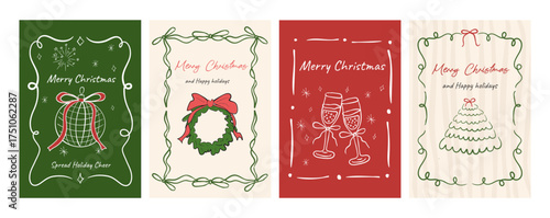 Hand drawn la dolce vita Christmas doodles. Vector cards with bows and candles. Minimalist winter line art. Trendy Coquette posters set. Whimsical tree with satin bows