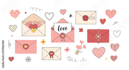 A vector illustration featuring a collection of love-themed envelopes, letters, and heart decorations, white background