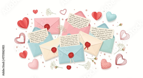 A vector illustration featuring a collection of love-themed envelopes, letters, and heart decorations, white background
