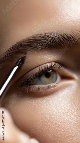 Professional close-up of a woman's eye as a makeup brush sculpts perfect eyebrows, a moment of meticulous beauty transformation